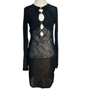 Sheer Black Mini Dress Large Long Sleeve Swirl Streetwear Punk Goth cutouts Vamp